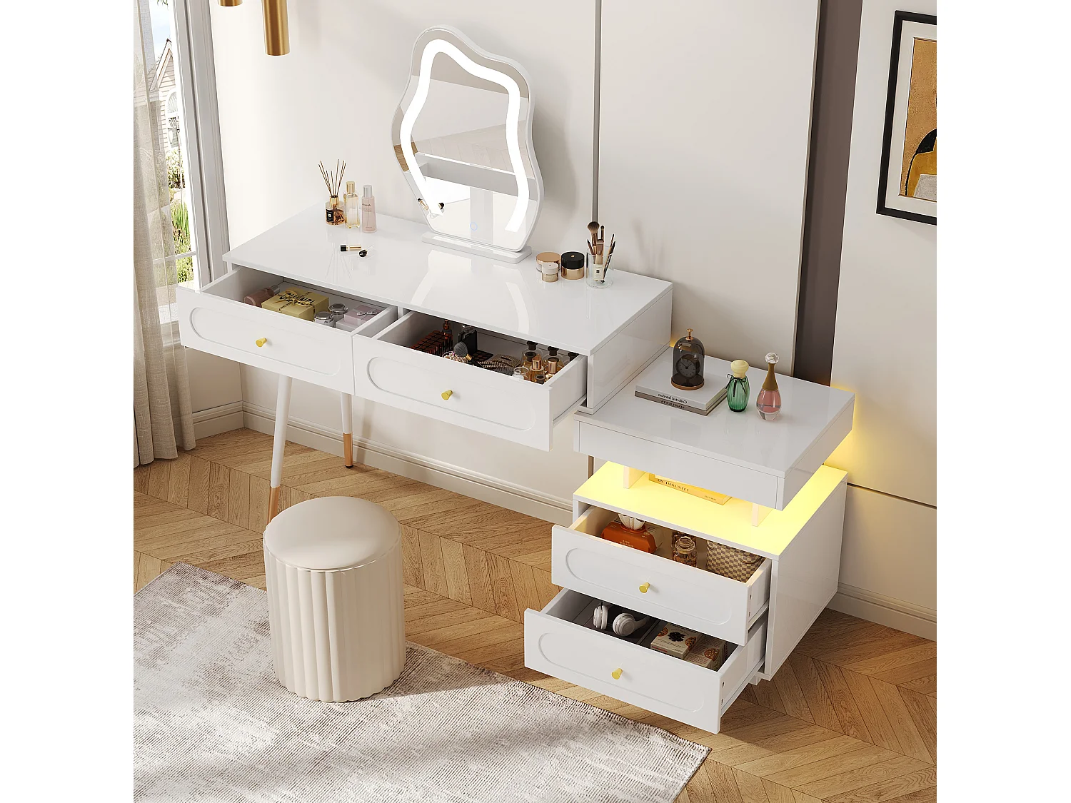 Conjunto de penteadeira com espelho e iluminação LED - com 4 gavetas + 1 aberta - 140 x 40 x 130 cm - aglomerado - Branco