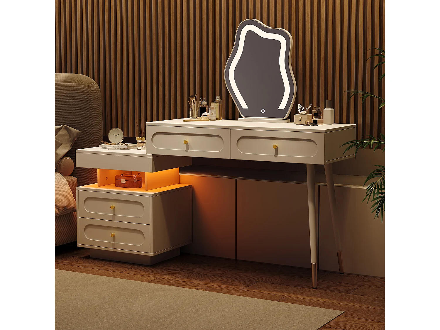 Conjunto de penteadeira com espelho e iluminação LED - com 4 gavetas + 1 aberta - 140 x 40 x 130 cm - aglomerado - Branco