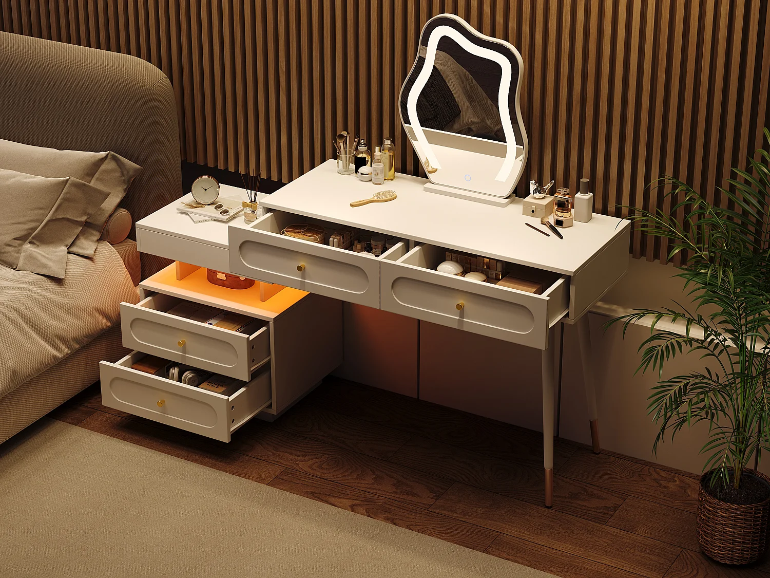 Conjunto de penteadeira com espelho e iluminação LED - com 4 gavetas + 1 aberta - 140 x 40 x 130 cm - aglomerado - Branco