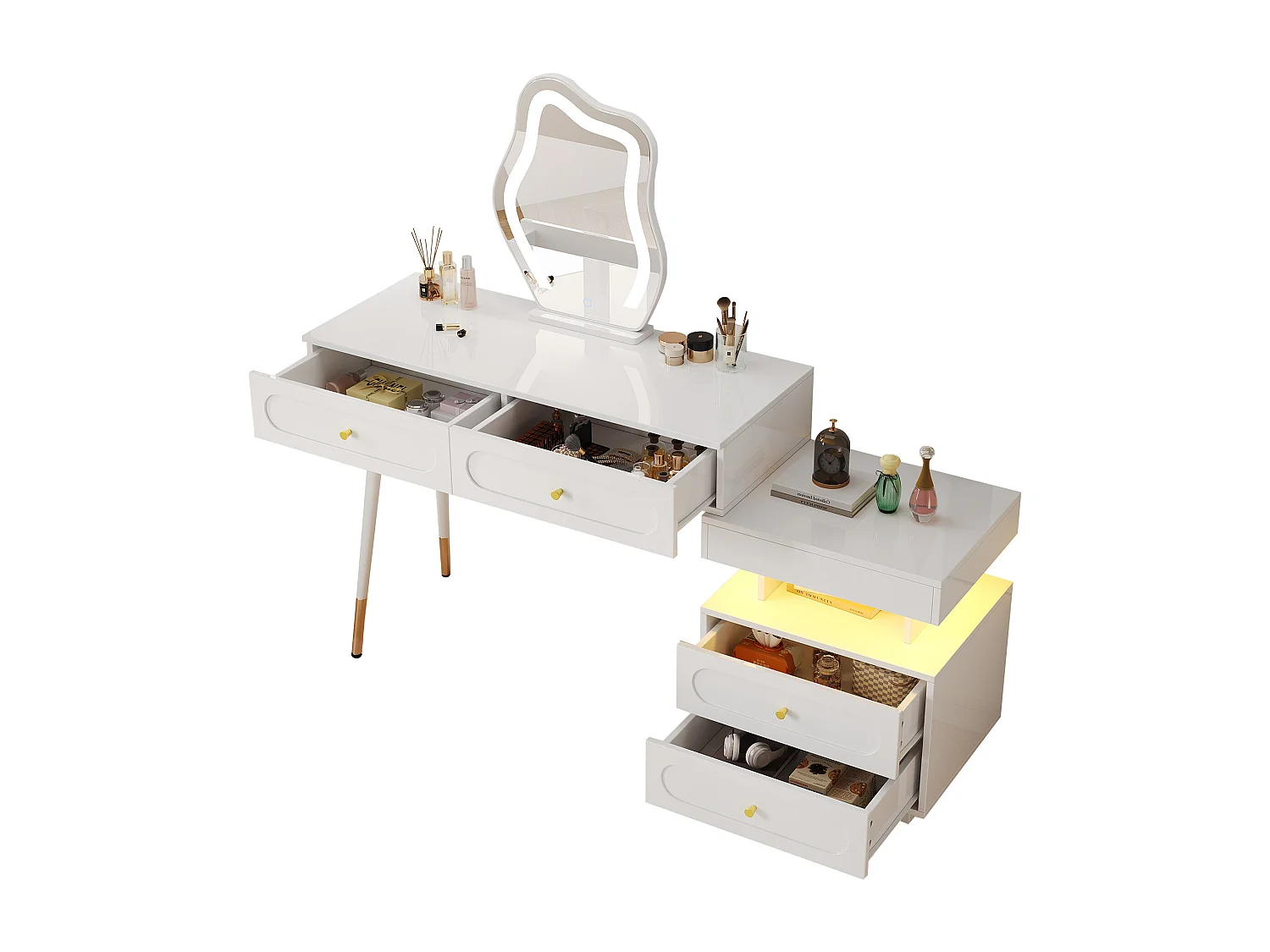 Conjunto de penteadeira com espelho e iluminação LED - com 4 gavetas + 1 aberta - 140 x 40 x 130 cm - aglomerado - Branco