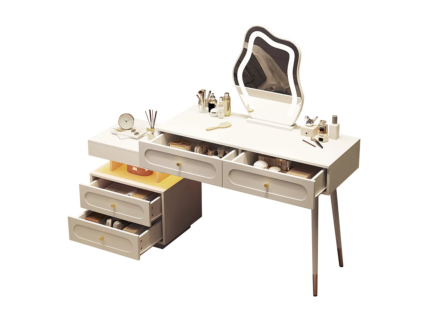 Conjunto de penteadeira com espelho e iluminação LED - com 4 gavetas + 1 aberta - 140 x 40 x 130 cm - aglomerado - Branco