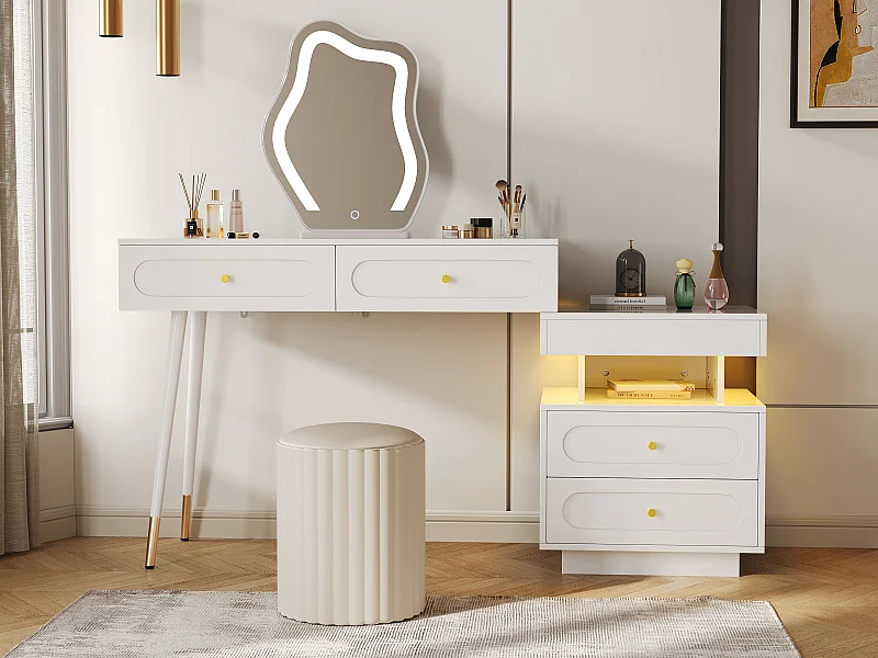 Conjunto de penteadeira com espelho e iluminação LED - com 4 gavetas + 1 aberta - 140 x 40 x 130 cm - aglomerado - Branco