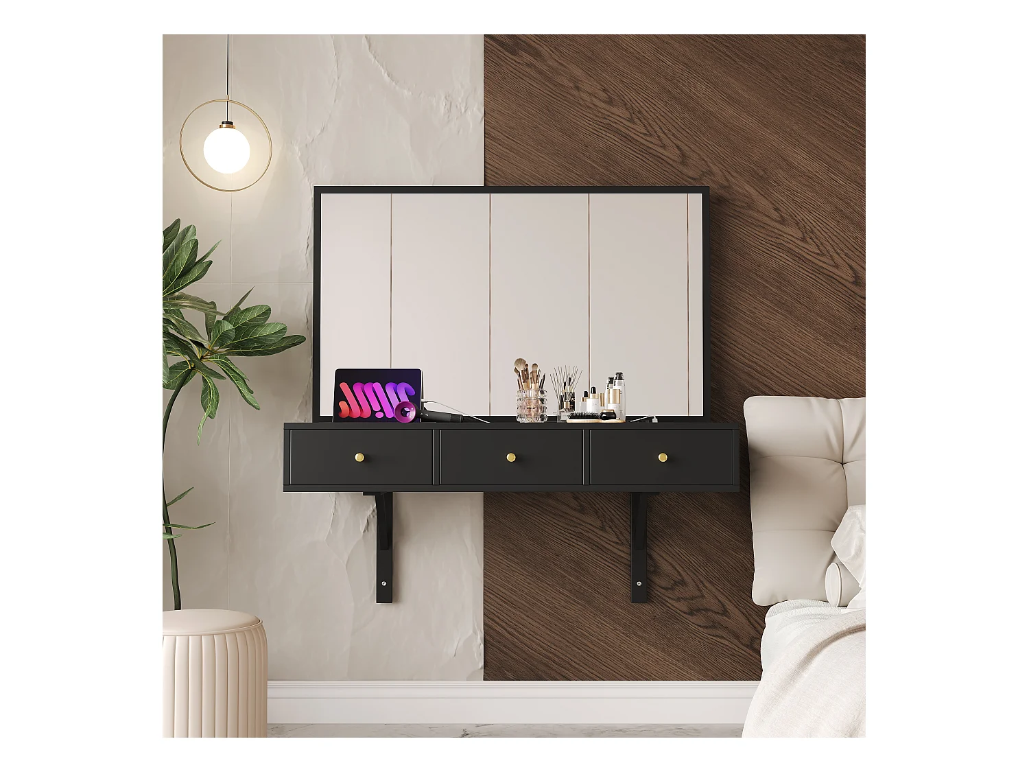 Toaletka wisząca z lustrem + 3 szuflady + gniazdka elektryczne - 100 x 45 x 105 cm - płyta wiórowa - czarna