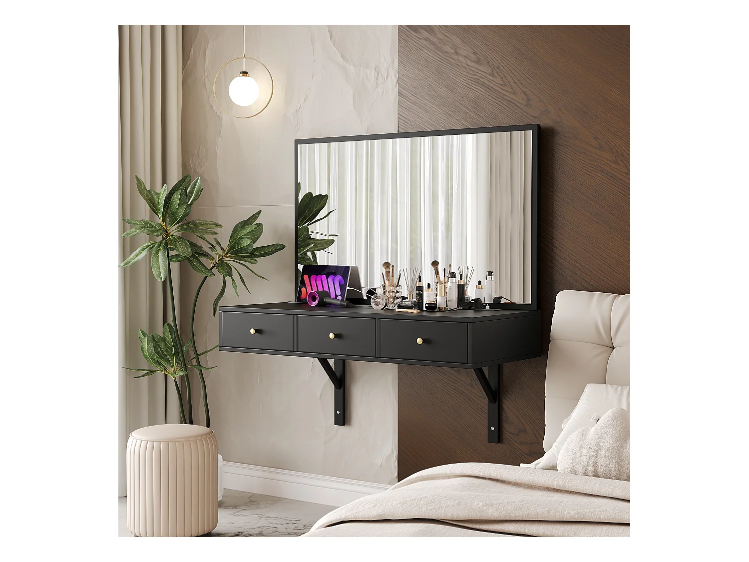 Toaletka wisząca z lustrem + 3 szuflady + gniazdka elektryczne - 100 x 45 x 105 cm - płyta wiórowa - czarna