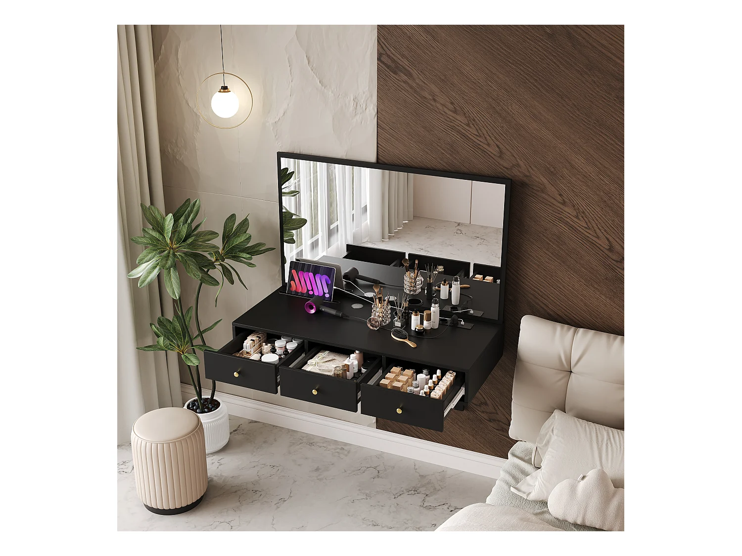 Toaletka wisząca z lustrem + 3 szuflady + gniazdka elektryczne - 100 x 45 x 105 cm - płyta wiórowa - czarna