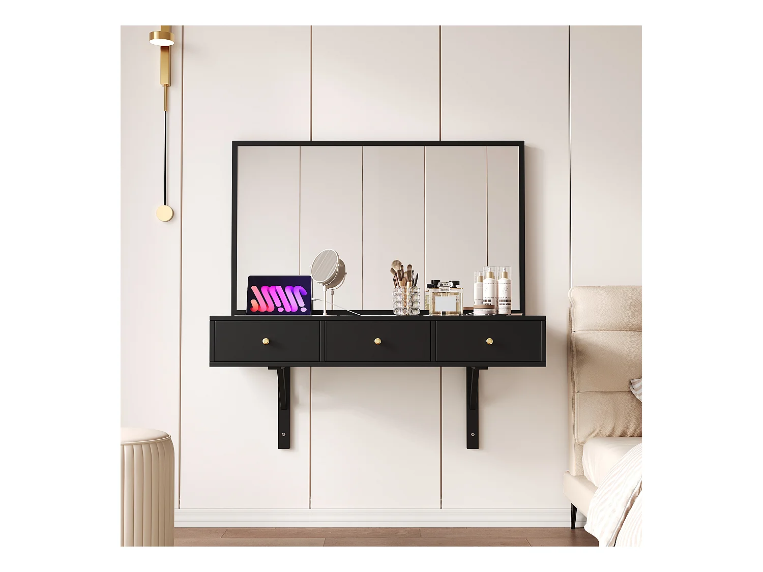 Toaletka wisząca z lustrem + 3 szuflady + gniazdka elektryczne - 100 x 45 x 105 cm - płyta wiórowa - czarna