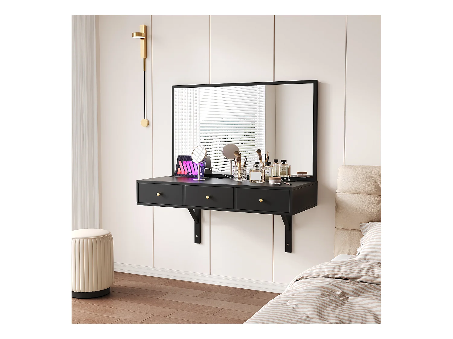 Toaletka wisząca z lustrem + 3 szuflady + gniazdka elektryczne - 100 x 45 x 105 cm - płyta wiórowa - czarna