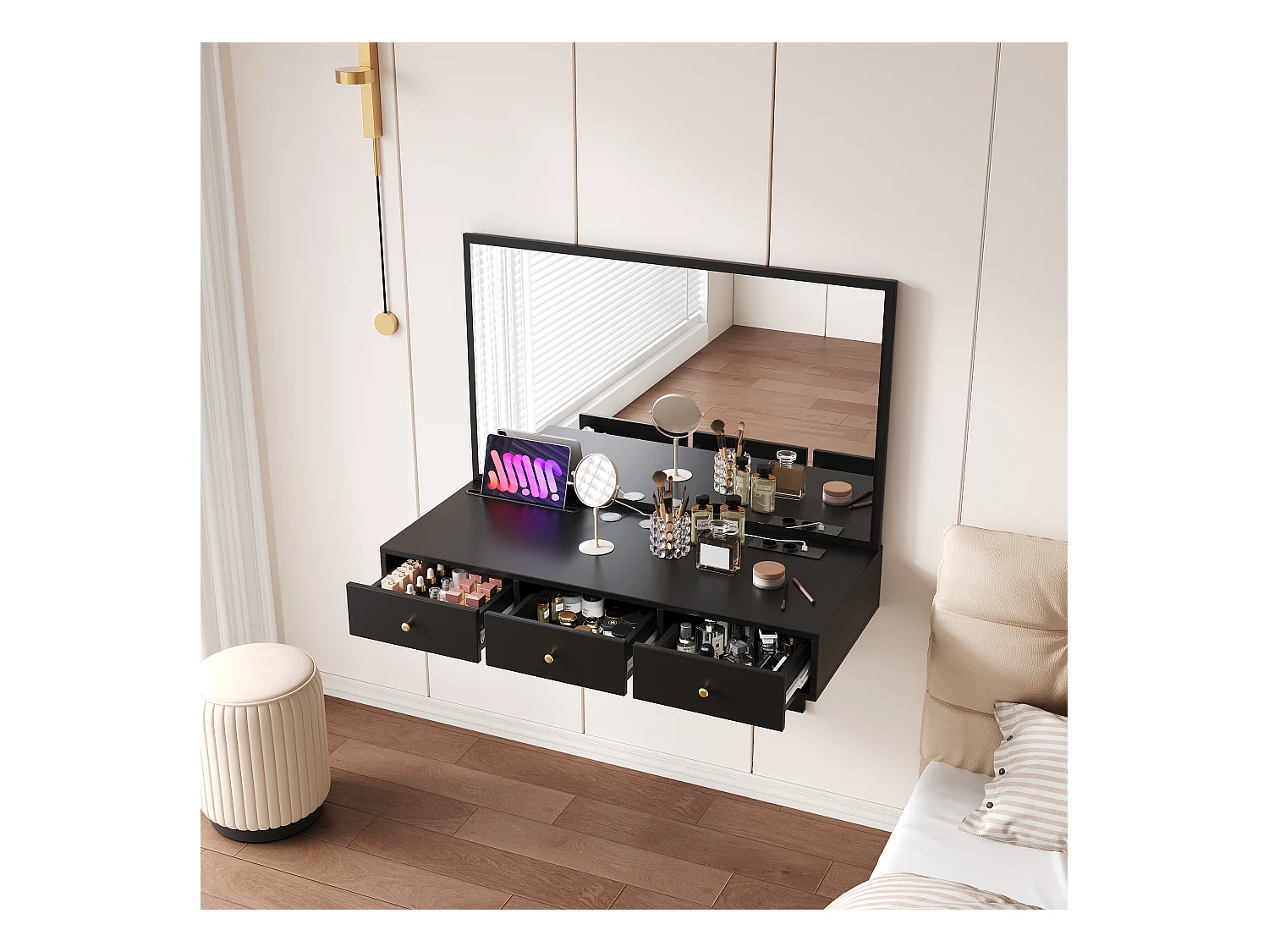 Toaletka wisząca z lustrem + 3 szuflady + gniazdka elektryczne - 100 x 45 x 105 cm - płyta wiórowa - czarna