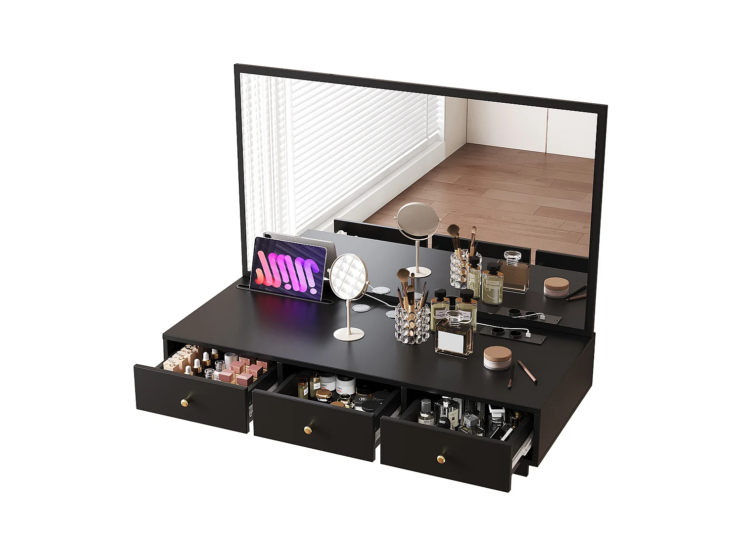 Toaletka wisząca z lustrem + 3 szuflady + gniazdka elektryczne - 100 x 45 x 105 cm - płyta wiórowa - czarna