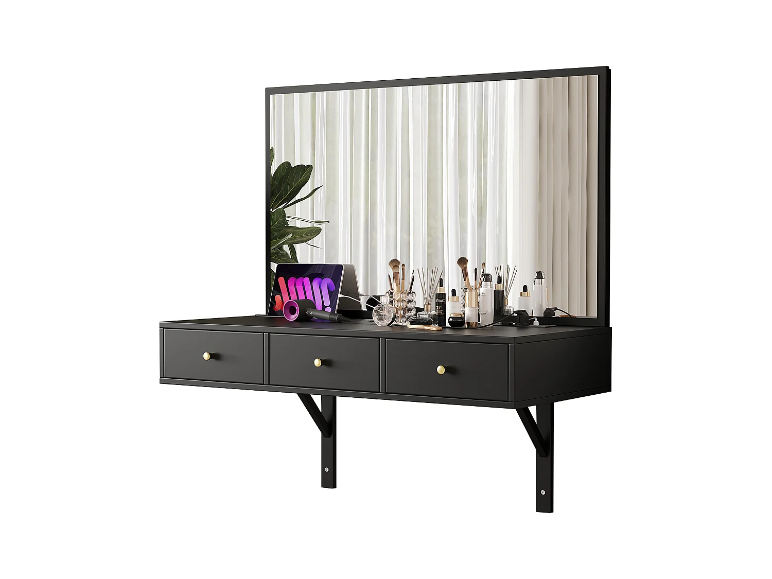 Toaletka wisząca z lustrem + 3 szuflady + gniazdka elektryczne - 100 x 45 x 105 cm - płyta wiórowa - czarna