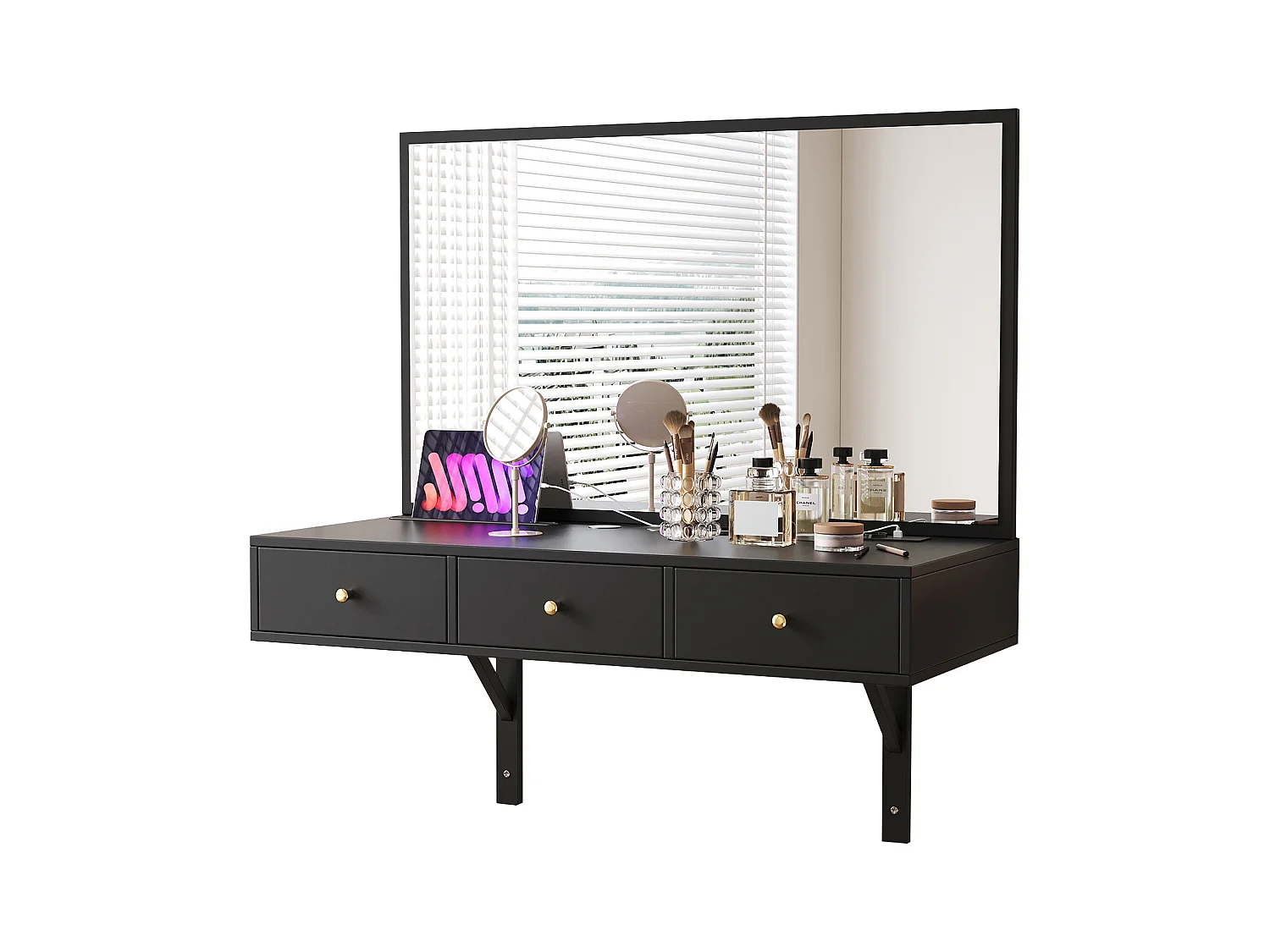 Toaletka wisząca z lustrem + 3 szuflady + gniazdka elektryczne - 100 x 45 x 105 cm - płyta wiórowa - czarna