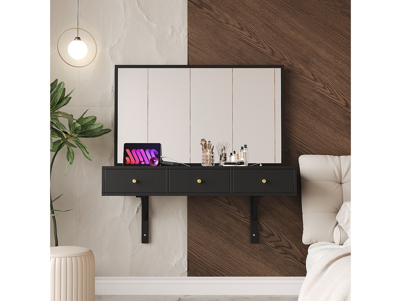Coiffeuse suspendu avec miroir + 3 tiroirs + prises de courant - 100 x ...