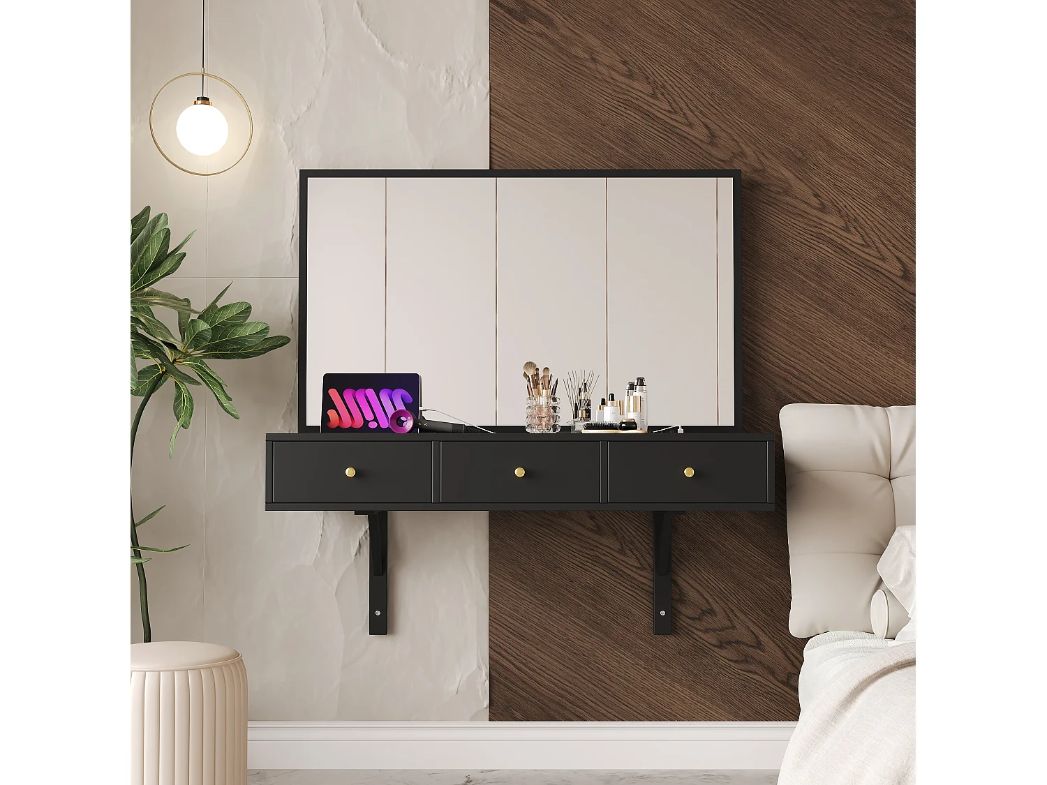 Coiffeuse suspendu avec miroir + 3 tiroirs + prises de courant - 100 x 45 x 105 cm - aggloméré - noir