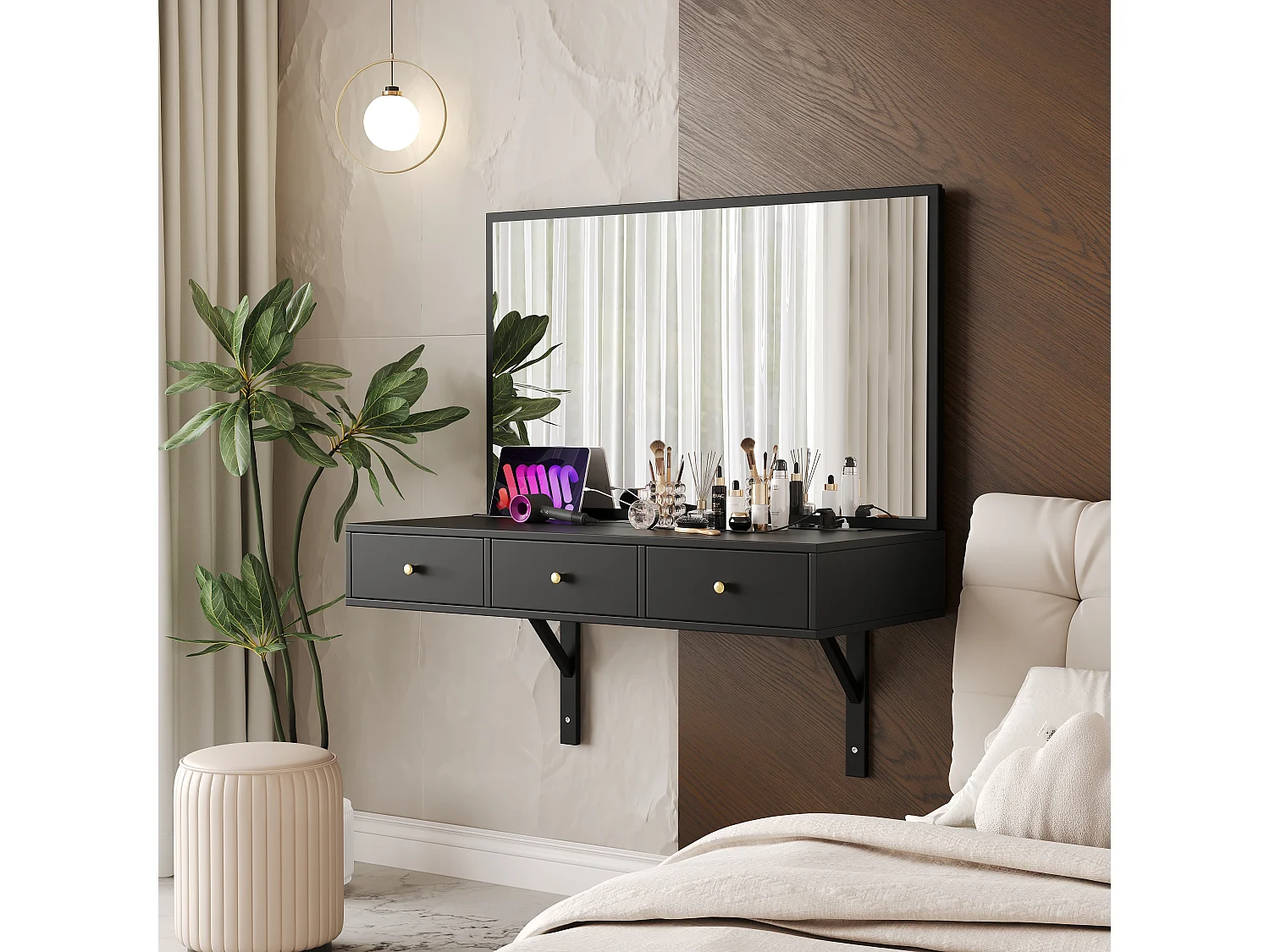 Coiffeuse suspendu avec miroir + 3 tiroirs + prises de courant - 100 x 45 x 105 cm - aggloméré - noir