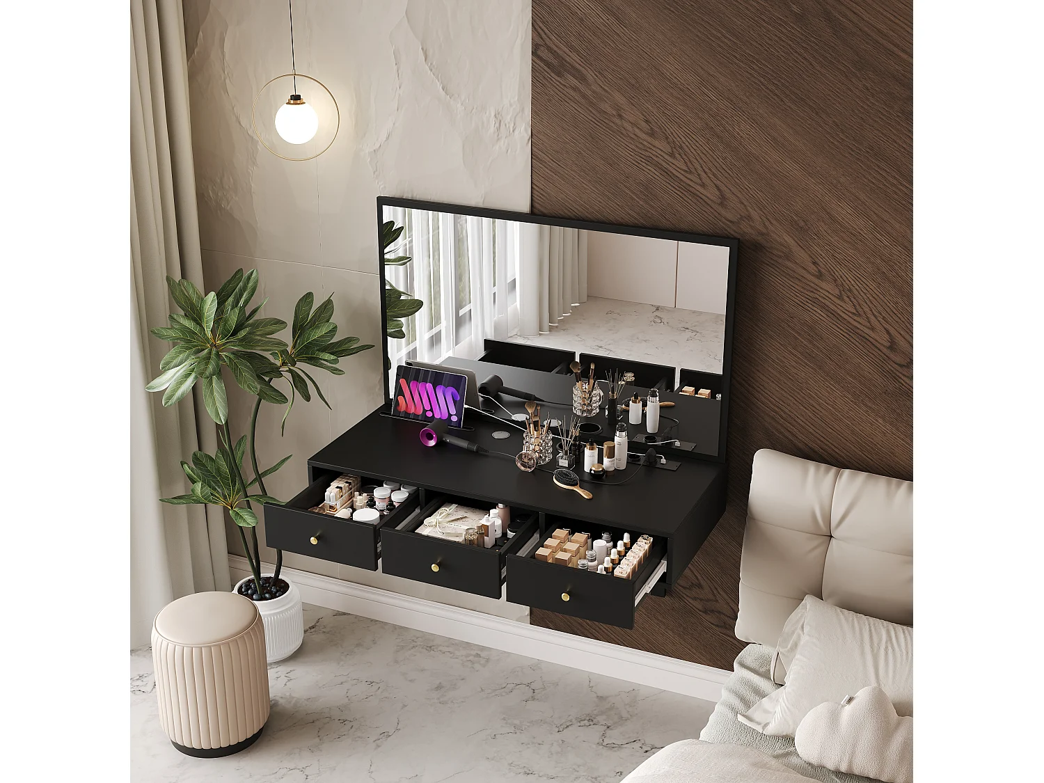 Coiffeuse suspendu avec miroir + 3 tiroirs + prises de courant - 100 x 45 x 105 cm - aggloméré - noir