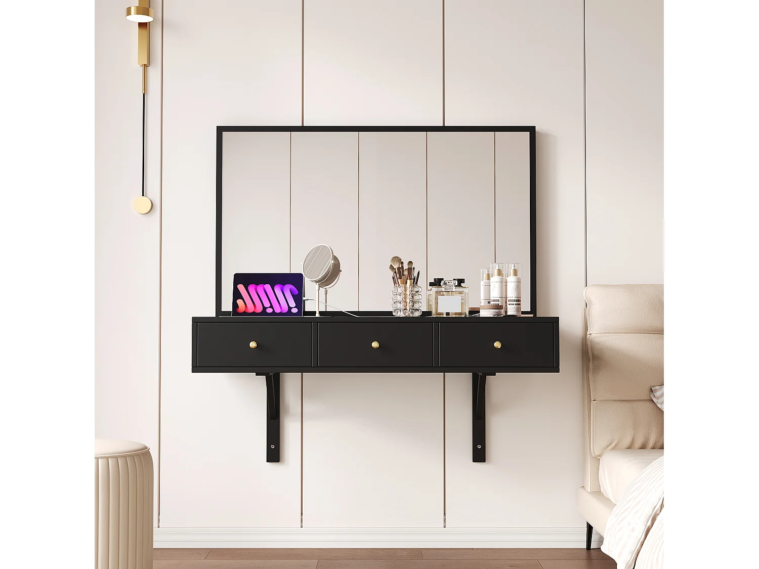 Coiffeuse suspendu avec miroir + 3 tiroirs + prises de courant - 100 x 45 x 105 cm - aggloméré - noir