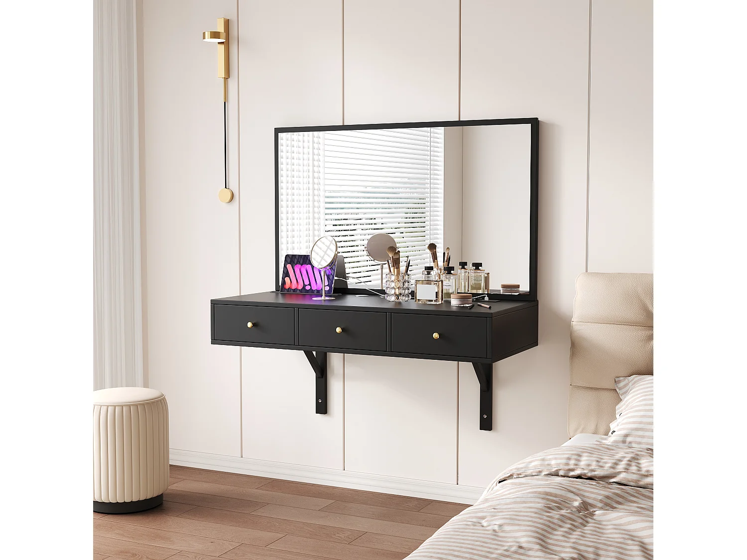 Coiffeuse suspendu avec miroir + 3 tiroirs + prises de courant - 100 x 45 x 105 cm - aggloméré - noir