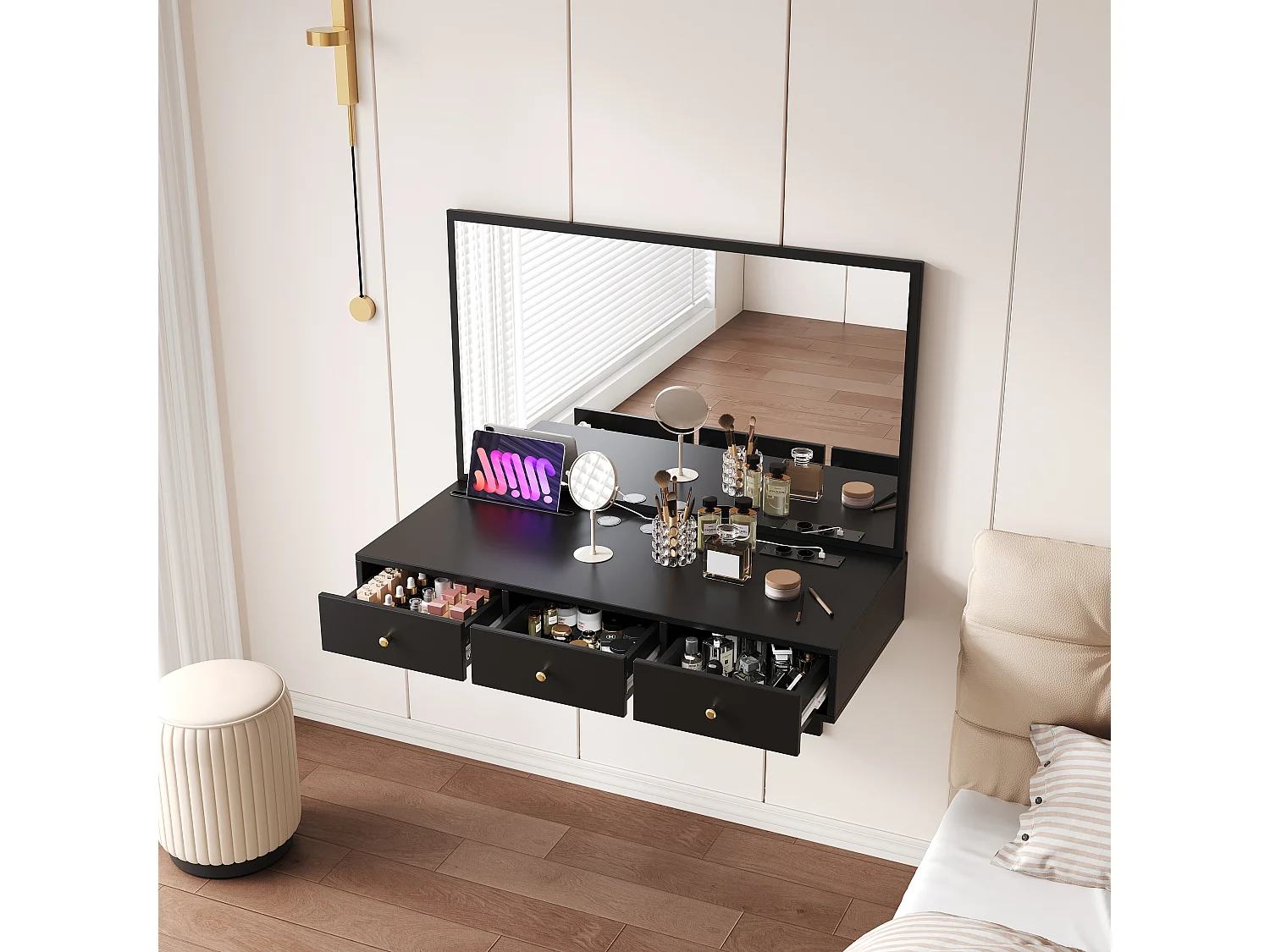 Coiffeuse suspendu avec miroir + 3 tiroirs + prises de courant - 100 x 45 x 105 cm - aggloméré - noir