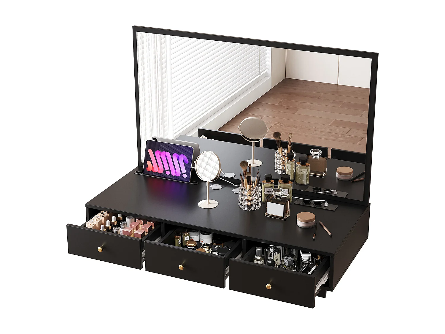 Coiffeuse suspendu avec miroir + 3 tiroirs + prises de courant - 100 x 45 x 105 cm - aggloméré - noir