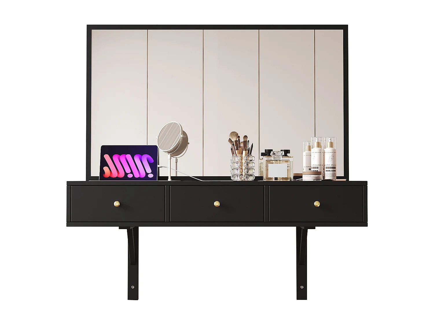 Coiffeuse suspendu avec miroir + 3 tiroirs + prises de courant - 100 x 45 x 105 cm - aggloméré - noir