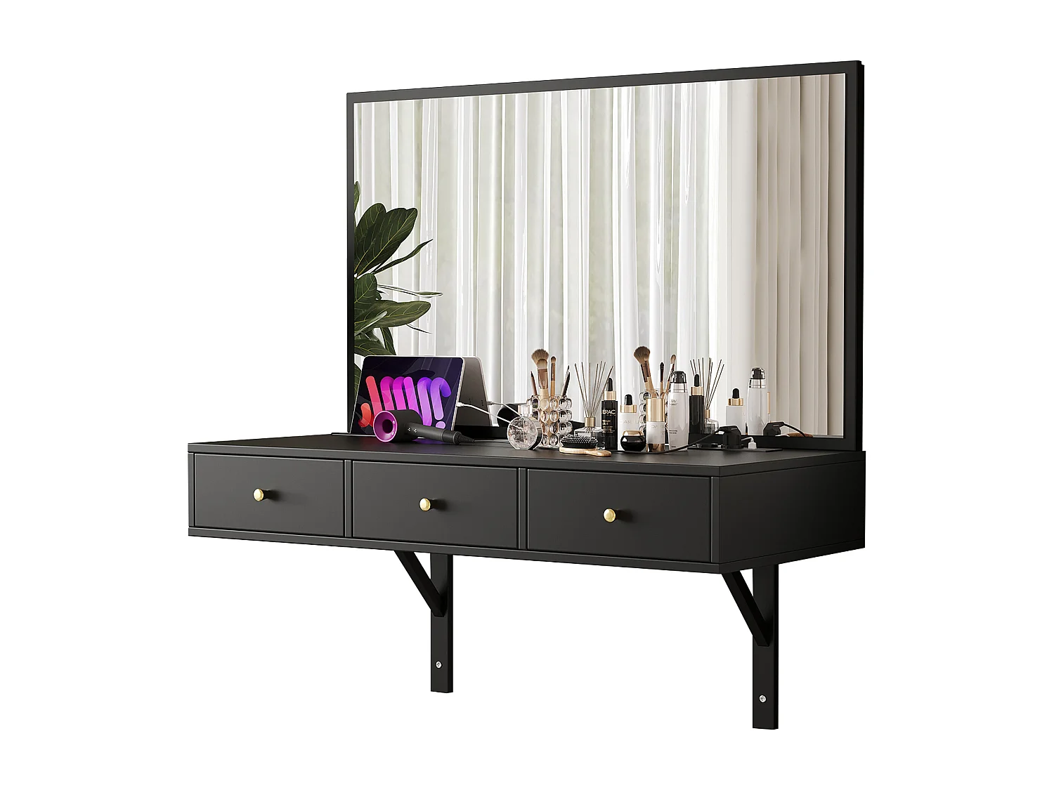 Coiffeuse suspendu avec miroir + 3 tiroirs + prises de courant - 100 x 45 x 105 cm - aggloméré - noir