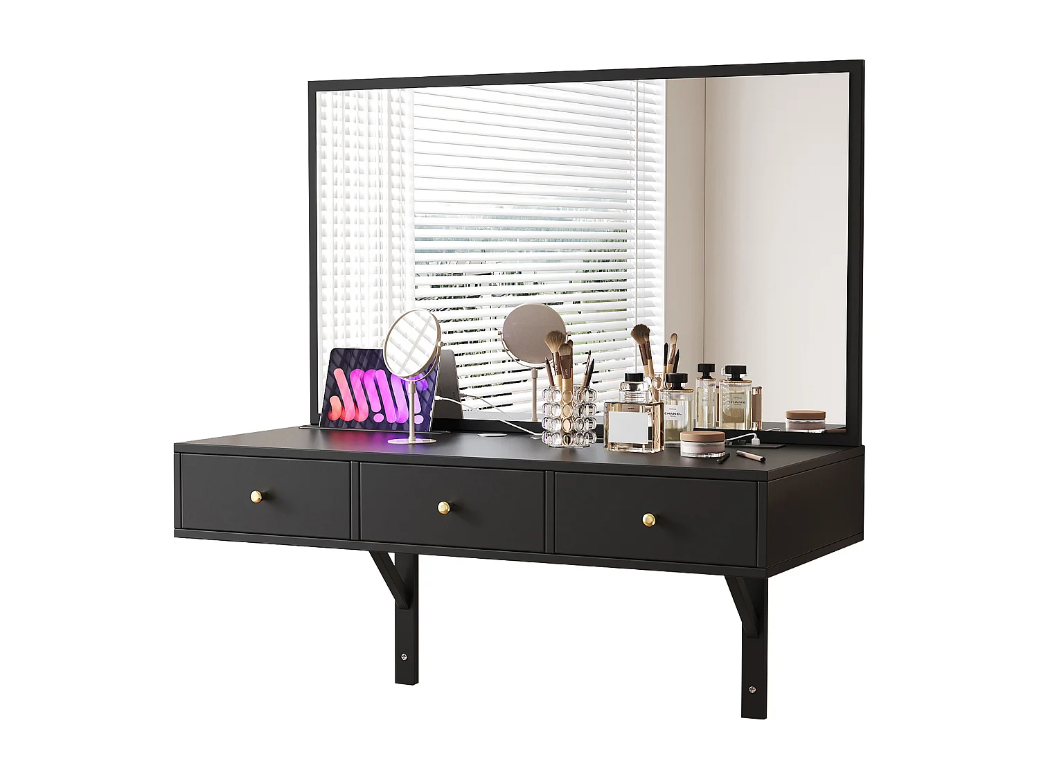 Coiffeuse suspendu avec miroir + 3 tiroirs + prises de courant - 100 x 45 x 105 cm - aggloméré - noir