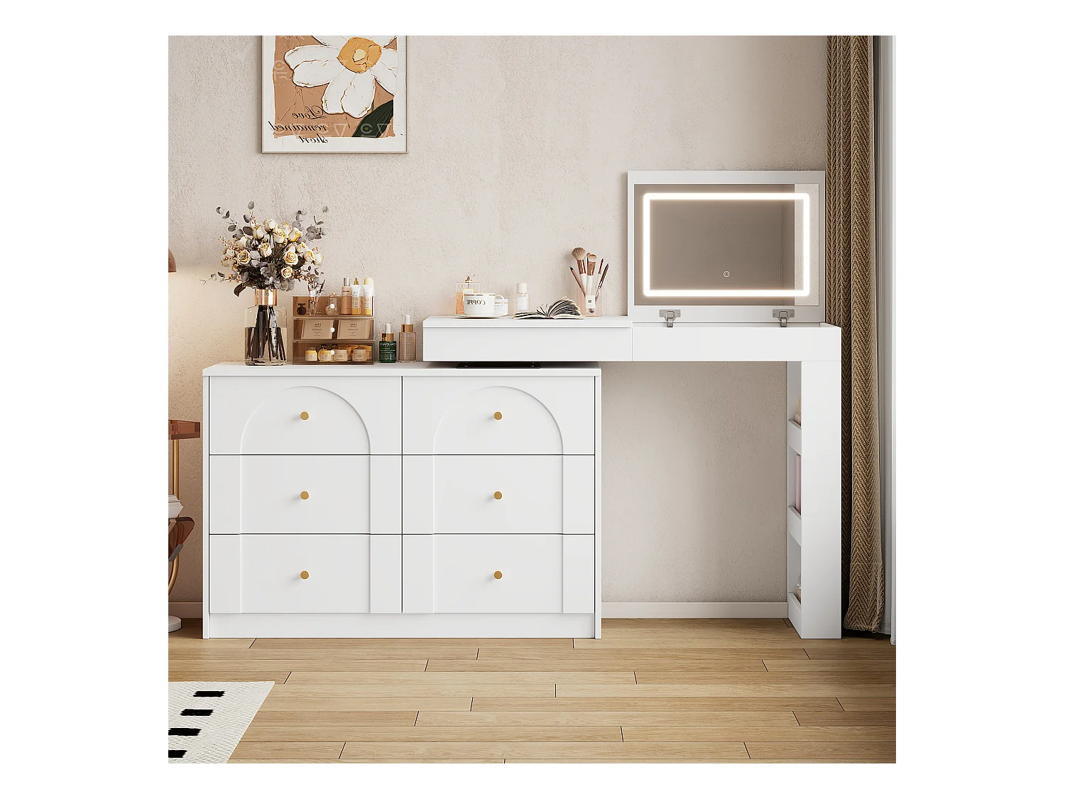 Schminktisch mit 7 Schubladen + Ablageflächen und Klappspiegel - 105 x 40 x 80 cm - LEDs - Spanplatte - Spanplatte - Weiß
