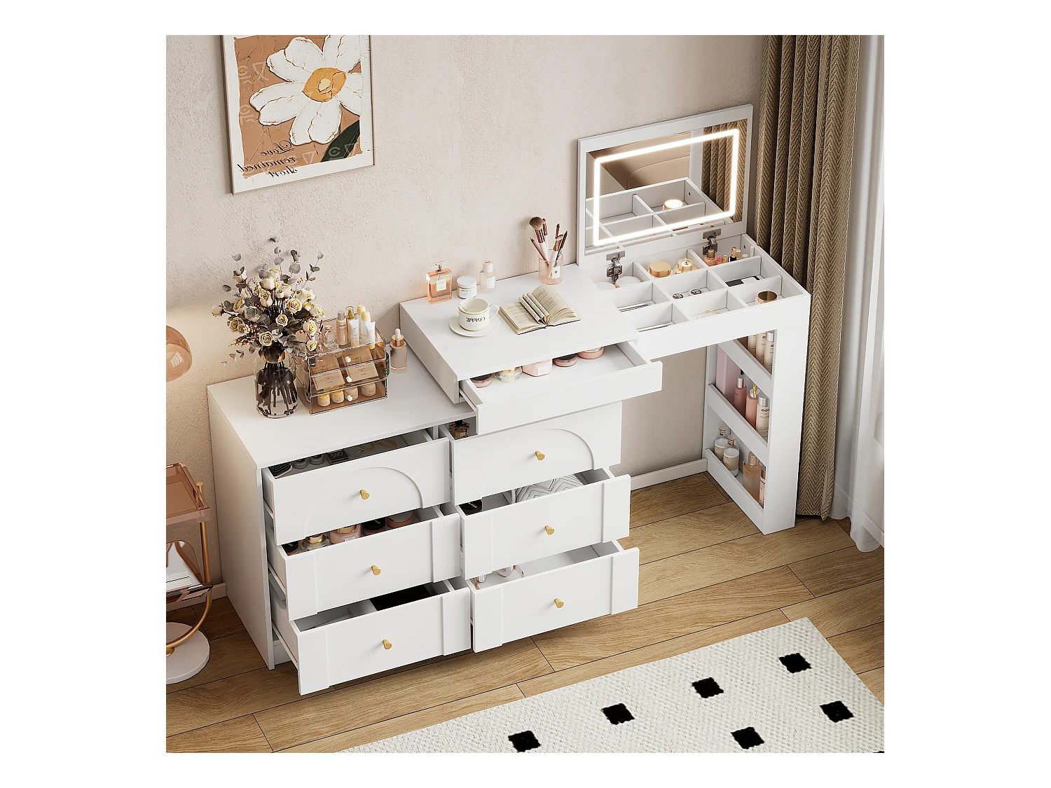 Schminktisch mit 7 Schubladen + Ablageflächen und Klappspiegel - 105 x 40 x 80 cm - LEDs - Spanplatte - Spanplatte - Weiß