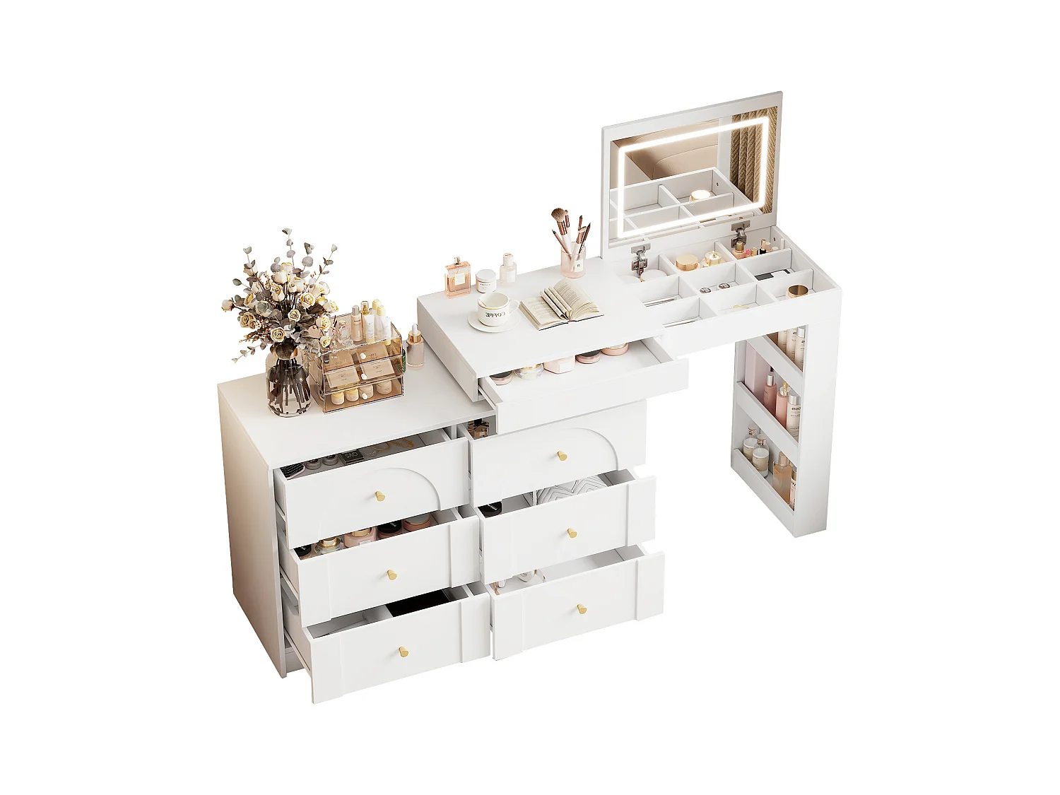 Schminktisch mit 7 Schubladen + Ablageflächen und Klappspiegel - 105 x 40 x 80 cm - LEDs - Spanplatte - Spanplatte - Weiß