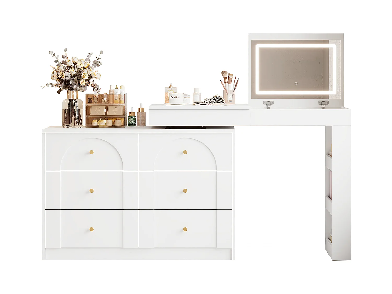 Schminktisch mit 7 Schubladen + Ablageflächen und Klappspiegel - 105 x 40 x 80 cm - LEDs - Spanplatte - Spanplatte - Weiß