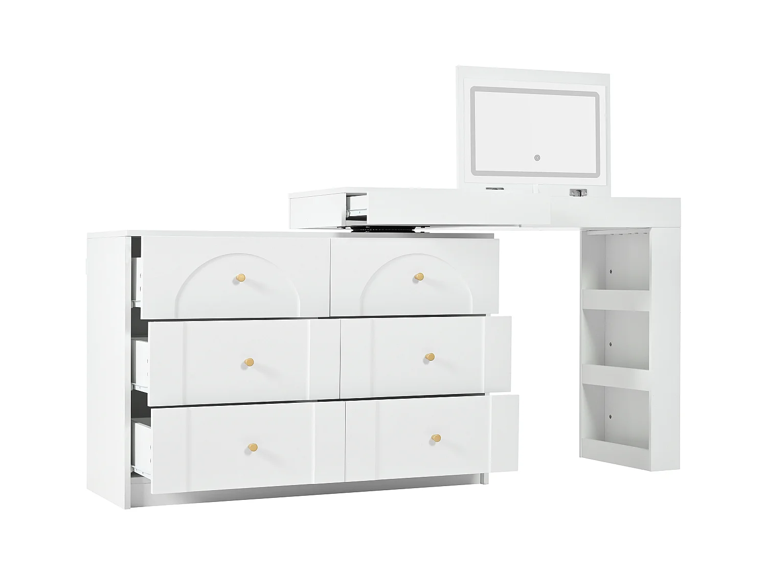 Schminktisch mit 7 Schubladen + Ablageflächen und Klappspiegel - 105 x 40 x 80 cm - LEDs - Spanplatte - Spanplatte - Weiß
