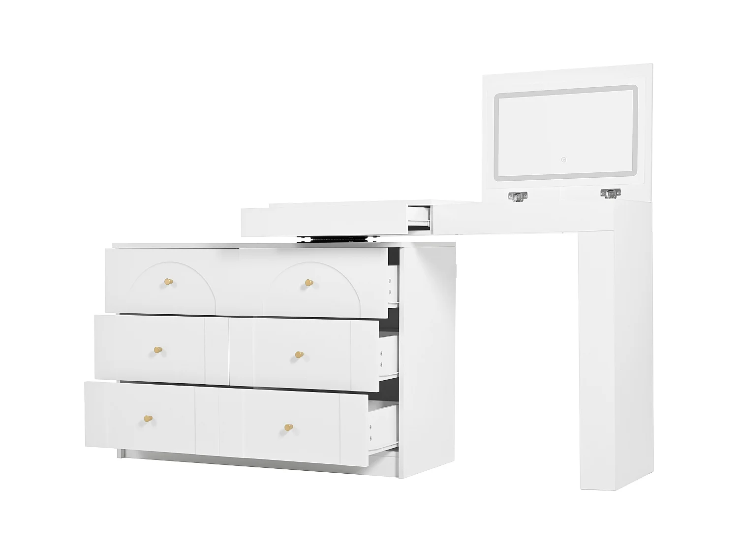 Schminktisch mit 7 Schubladen + Ablageflächen und Klappspiegel - 105 x 40 x 80 cm - LEDs - Spanplatte - Spanplatte - Weiß