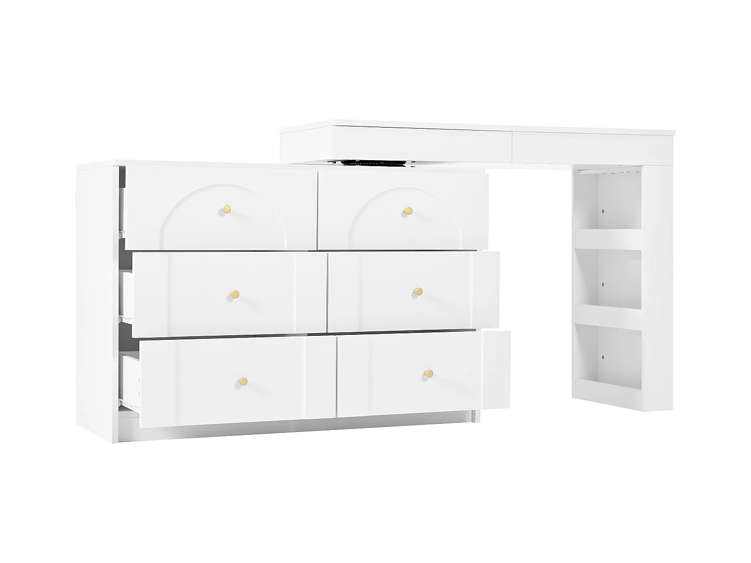 Schminktisch mit 7 Schubladen + Ablageflächen und Klappspiegel - 105 x 40 x 80 cm - LEDs - Spanplatte - Spanplatte - Weiß
