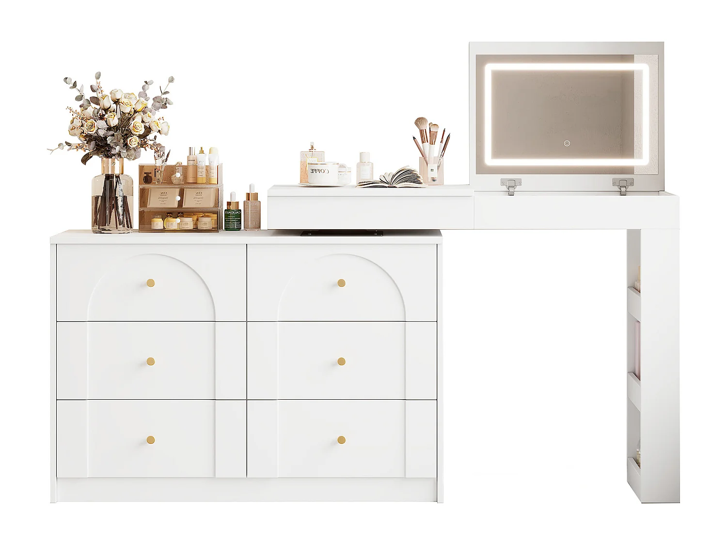 Schminktisch mit 7 Schubladen + Ablageflächen und Klappspiegel - 105 x 40 x 80 cm - LEDs - Spanplatte - Spanplatte - Weiß