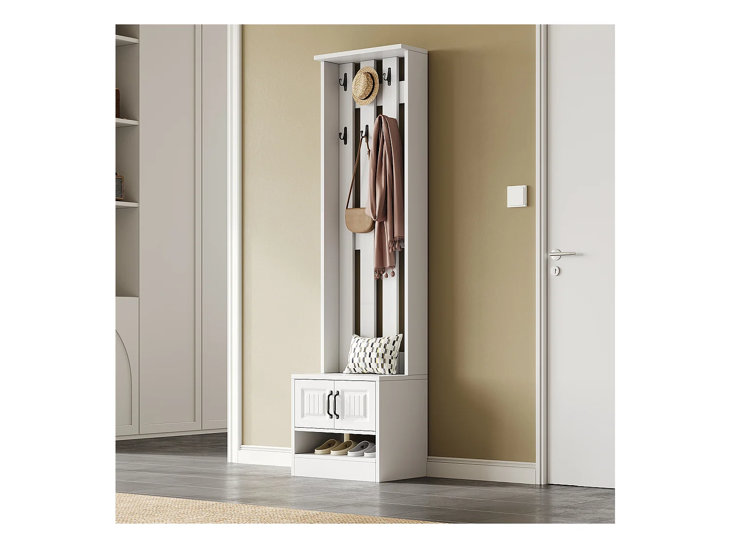 Sapateira/armário com 2 portas + painel traseiro com 8 ganchos - 50 x 36 x 190 cm - aglomerado - branco