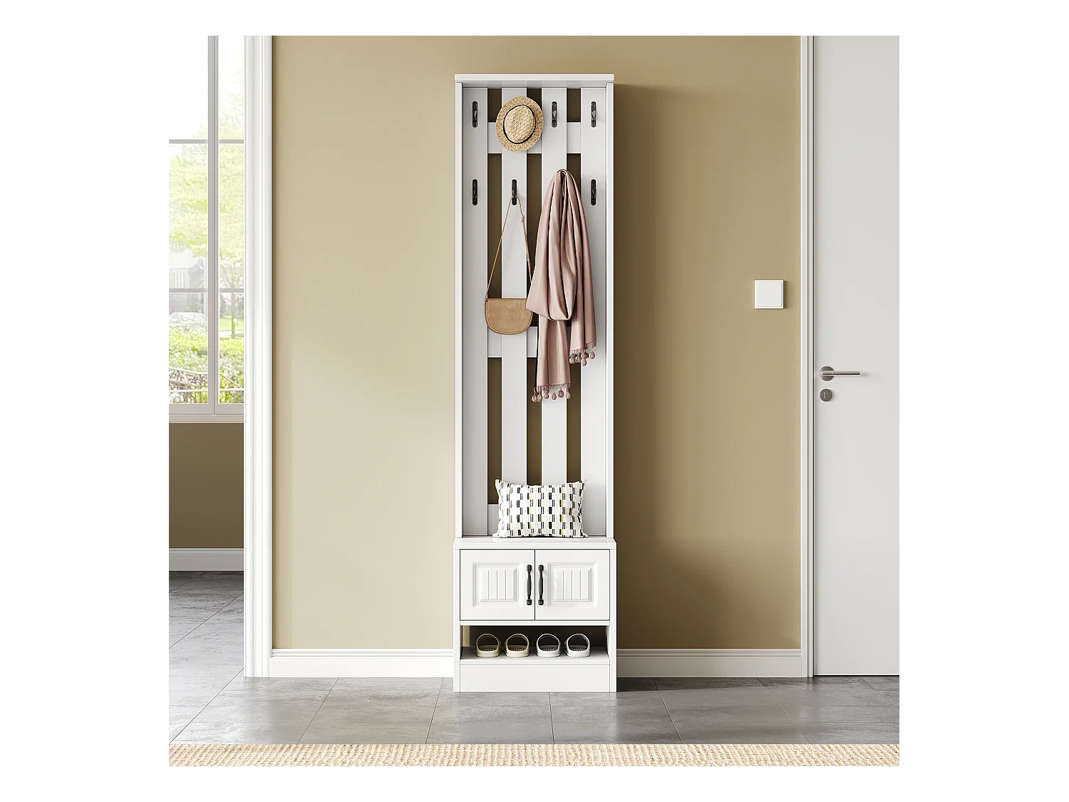 Banc/meuble à chaussu avec 2 portes + panneau arrière à 8 crochets - 50 x 36 x 190 cm - aggloméré - blanc