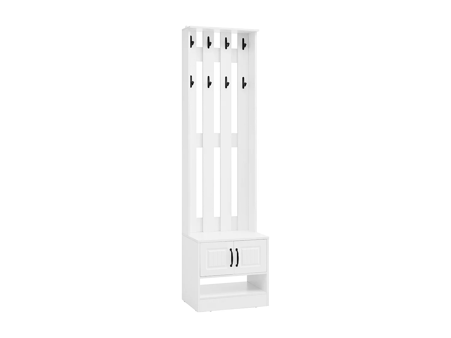 Schuhbank/Schrank mit 2 Türen + Rückwand mit 8 Haken - 50 x 36 x 190 cm - Spanplatte - weiß