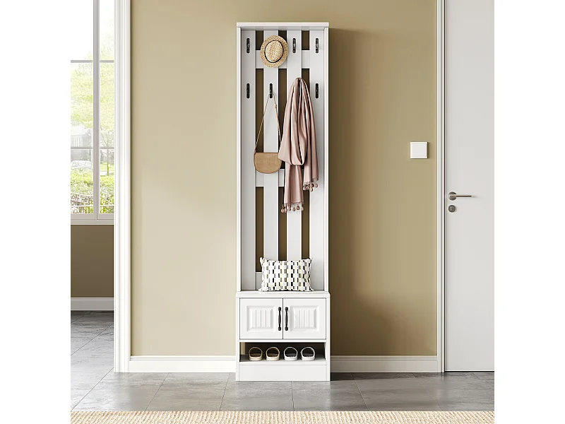 Schuhbank/Schrank mit 2 Türen + Rückwand mit 8 Haken - 50 x 36 x 190 cm - Spanplatte - weiß