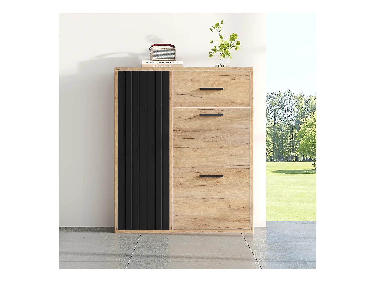 Sapateira moderna com 1 gaveta + 2 sapateiras dobráveis + 1 porta - 80 x 24 x 95,5 - aglomerado - natural