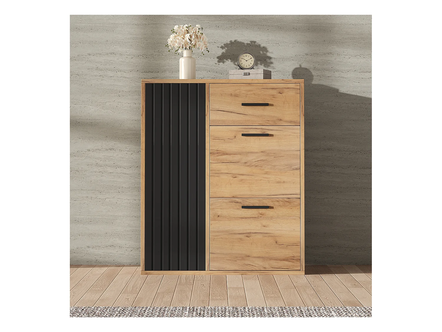 Meuble à chaussures moderne avec 1 tiroir + 2 armoires à chaussures pliantes + 1 porte - 80 x 24 x 95.5 - aggloméré - naturel