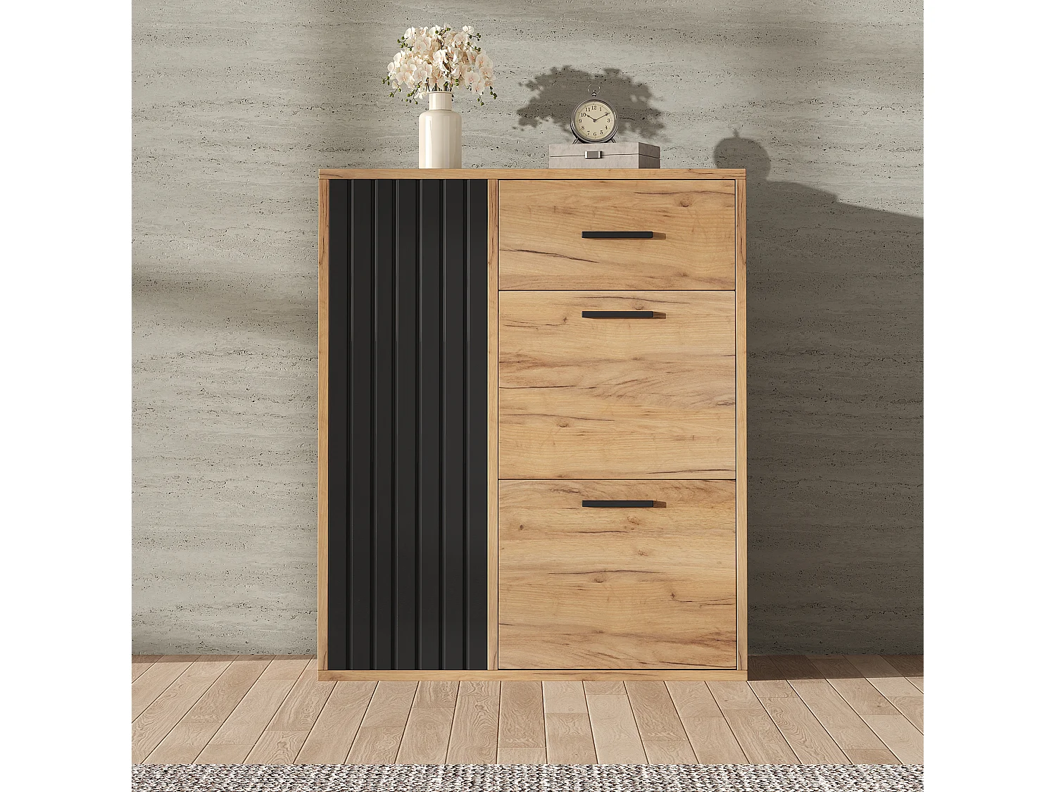 Meuble à chaussures moderne avec 1 tiroir + 2 armoires à chaussures pliantes + 1 porte - 80 x 24 x 95.5 - aggloméré - naturel