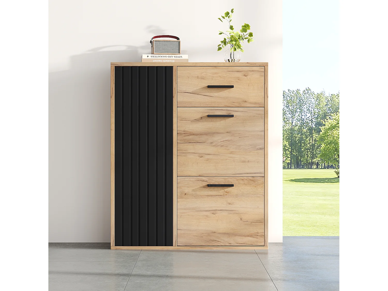 Meuble à chaussures moderne avec 1 tiroir + 2 armoires à chaussures pliantes + 1 porte - 80 x 24 x 95.5 - aggloméré - naturel