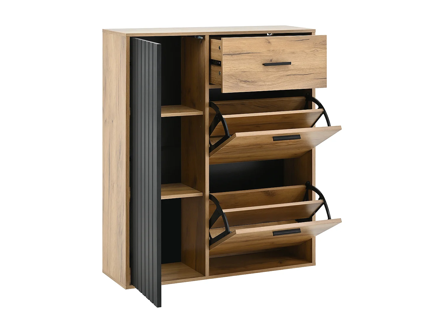 Meuble à chaussures moderne avec 1 tiroir + 2 armoires à chaussures pliantes + 1 porte - 80 x 24 x 95.5 - aggloméré - naturel