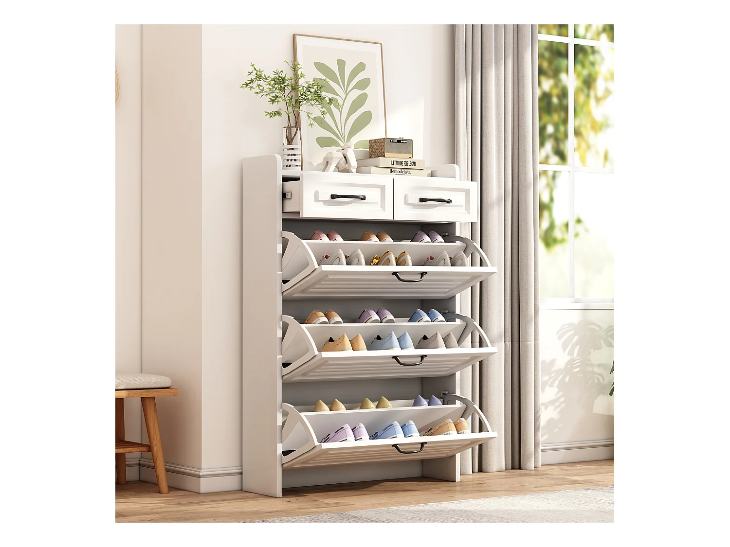 Schuhschrank mit 3 Klappen + 2 Schubladen - Schuhregal - 80 x 23 x 131 cm - Spanplatte - Weiß