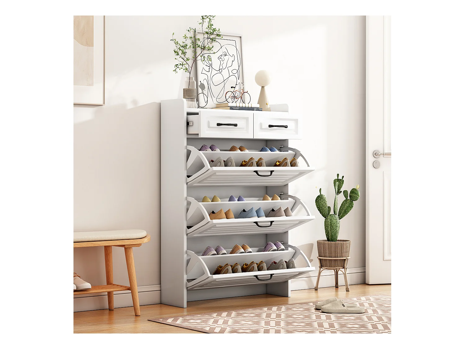 Schoenenkast met 3 kleppen + 2 laden - schoenenrek - 80 x 23 x 131 cm - spaanplaat - wit