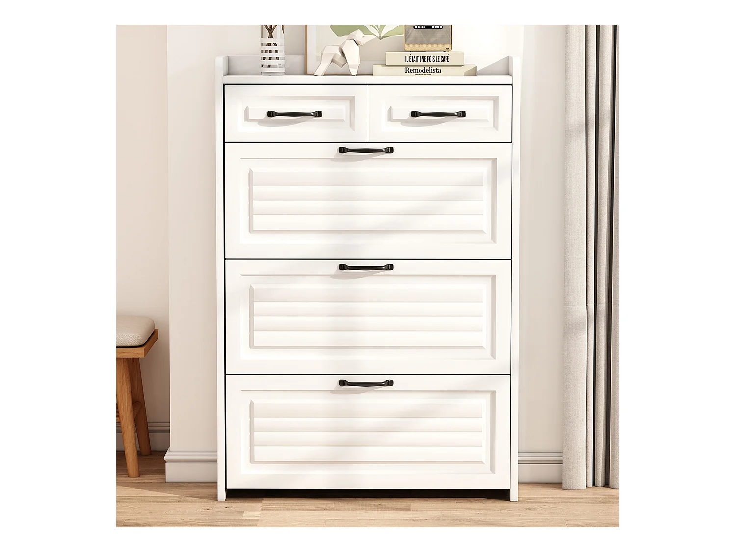 Schoenenkast met 3 kleppen + 2 laden - schoenenrek - 80 x 23 x 131 cm - spaanplaat - wit