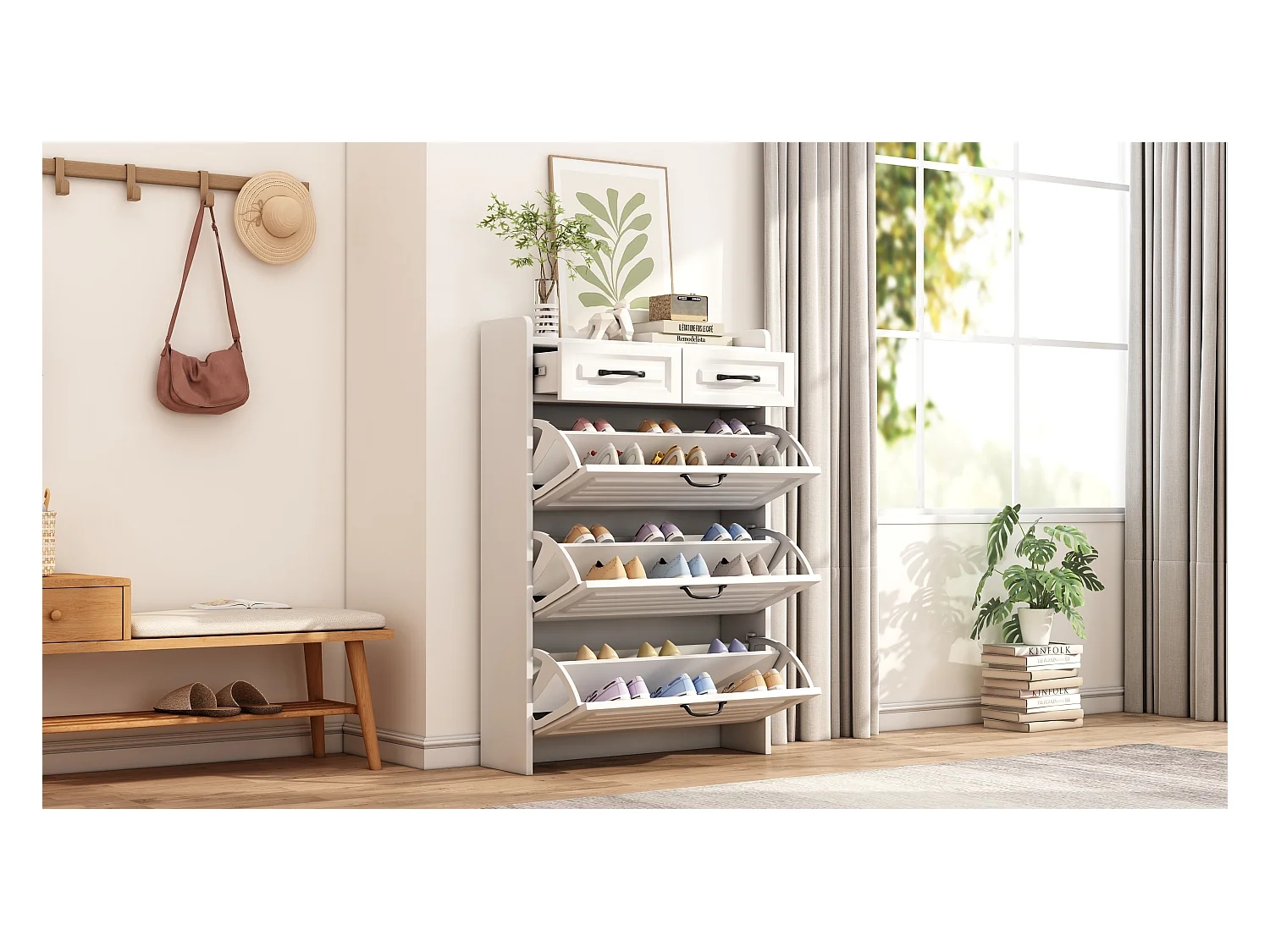 Schoenenkast met 3 kleppen + 2 laden - schoenenrek - 80 x 23 x 131 cm - spaanplaat - wit