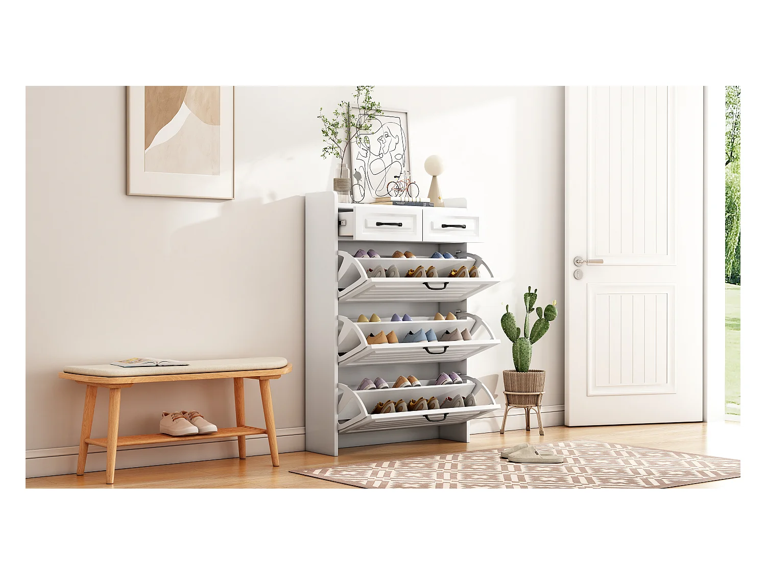 Schoenenkast met 3 kleppen + 2 laden - schoenenrek - 80 x 23 x 131 cm - spaanplaat - wit