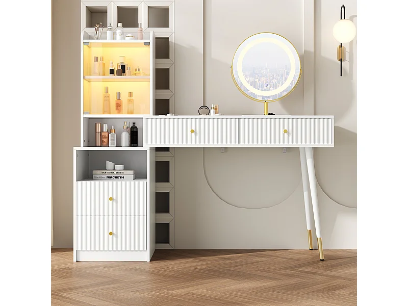 Ensemble de coiffeuse avec miroir Leds + 4 tiroirs + armoire éclairée avec porte vitrée - 100 x 40 x 125 cm - aggloméré - Blanc