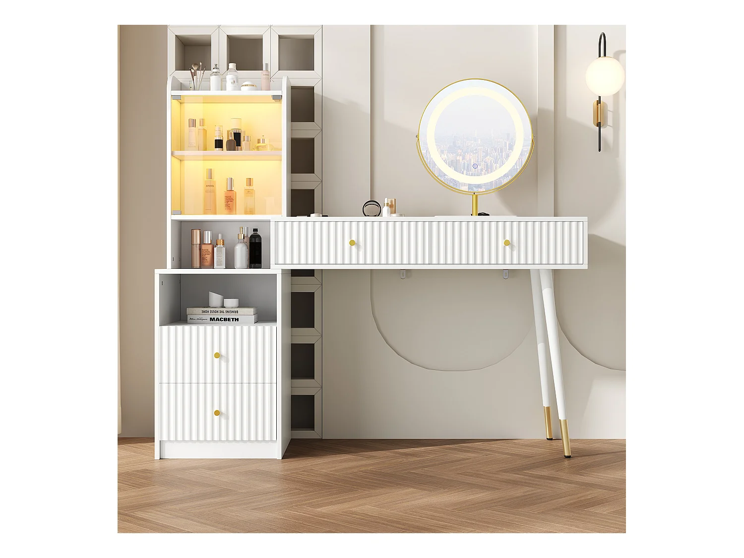 Schminktisch-Set mit LED-Spiegel + 4 Schubladen + beleuchteter Schrank mit Glastür – 100 x 40 x 125 cm – Spanplatte – Weiß